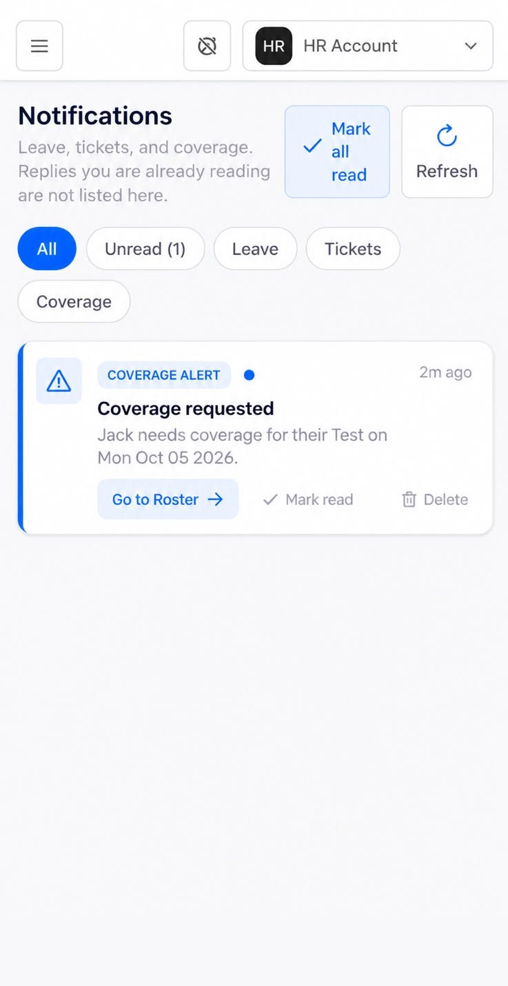 Notifications showing a coverage request with a Go to Roster button