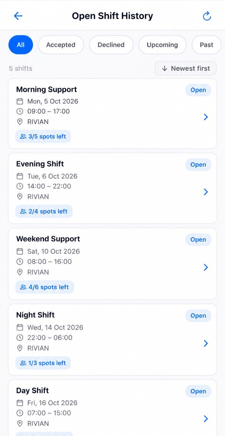 Open shifts list showing spots left for each shift