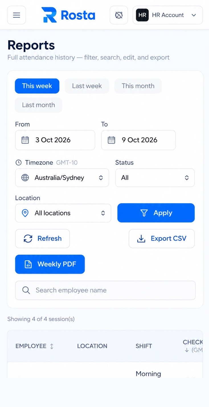 Reports page with date, timezone, status and location filters, CSV export and weekly PDF