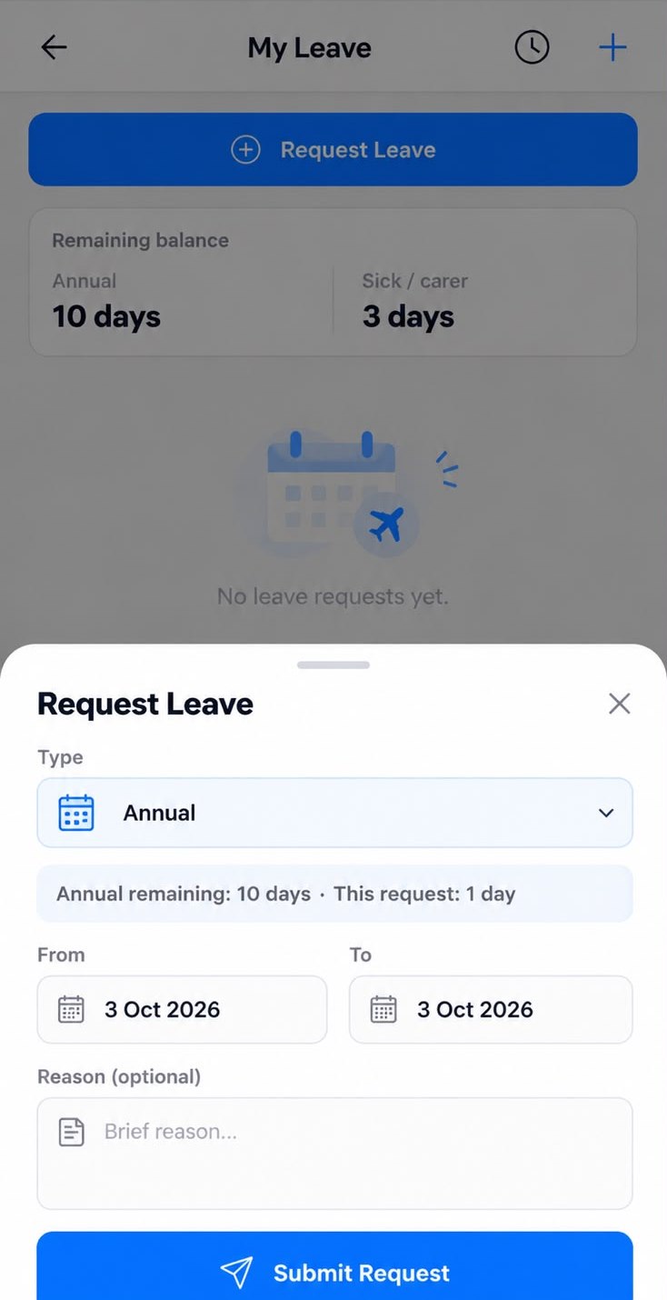 Request Leave form showing remaining annual leave balance