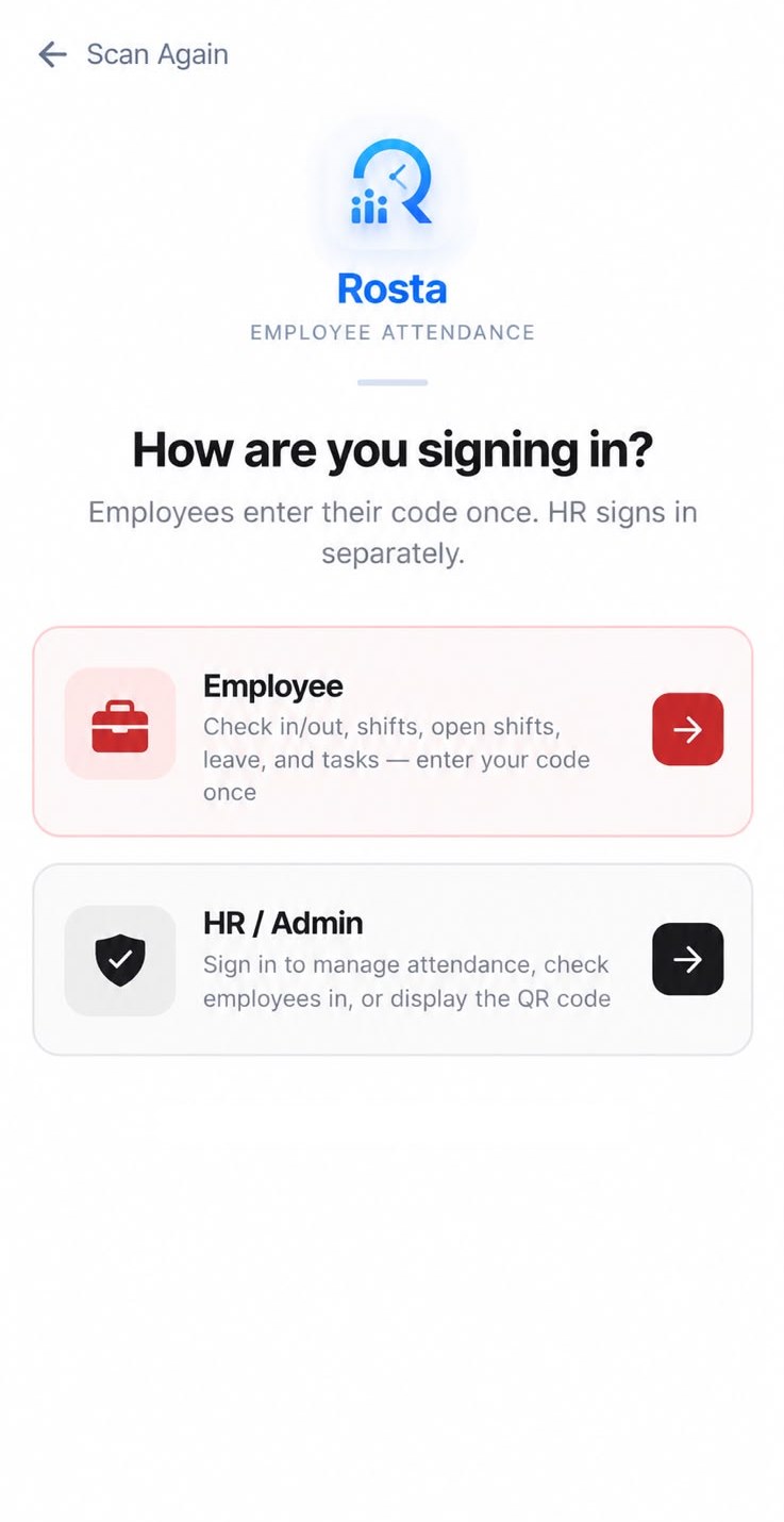 Sign-in screen asking 'How are you signing in?' with Employee and HR / Admin options