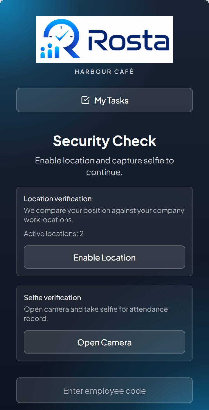Security Check page with Enable Location, Open Camera and an employee code field