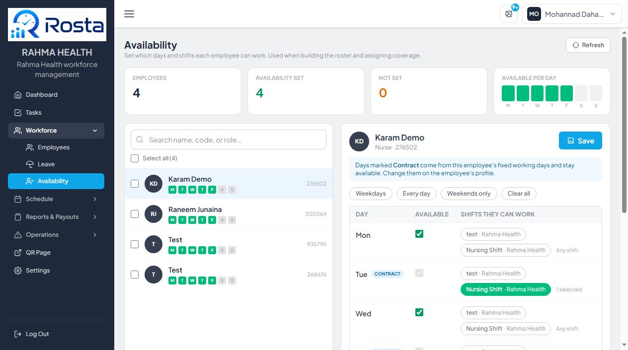 Availability editor for one employee, with contract days locked and extra days ticked