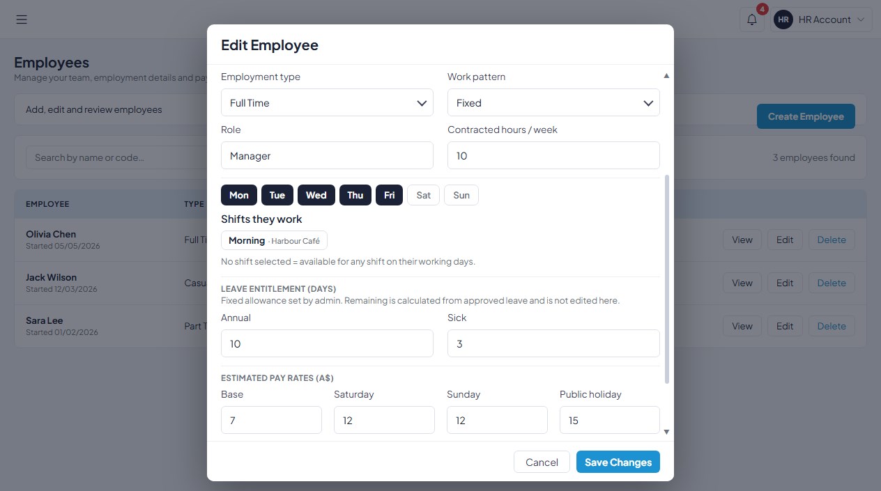 Edit Employee form: employment type, contracted hours, working days, shifts, leave entitlement and pay rates