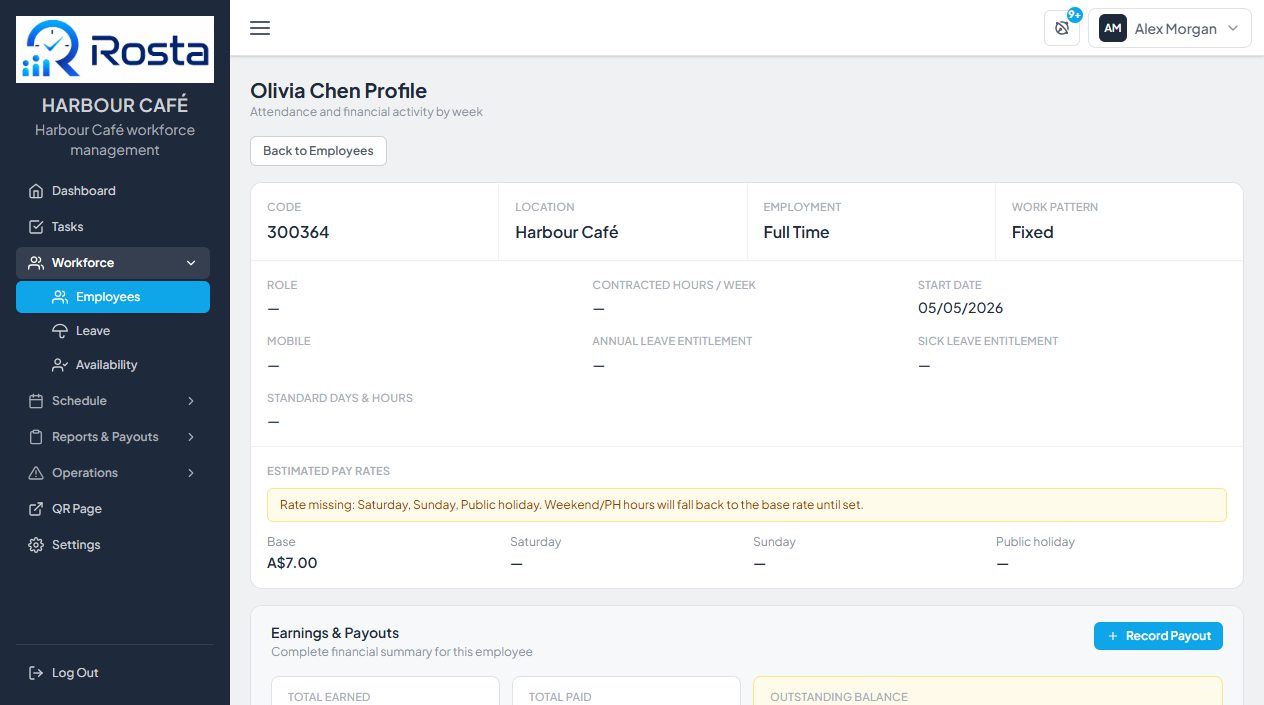 Employee profile with the Record Payout button