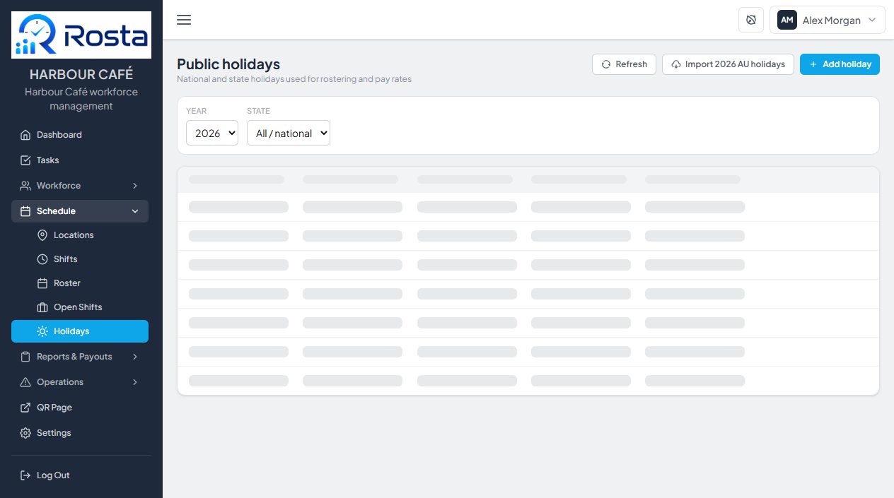 Public holidays page with import and add buttons