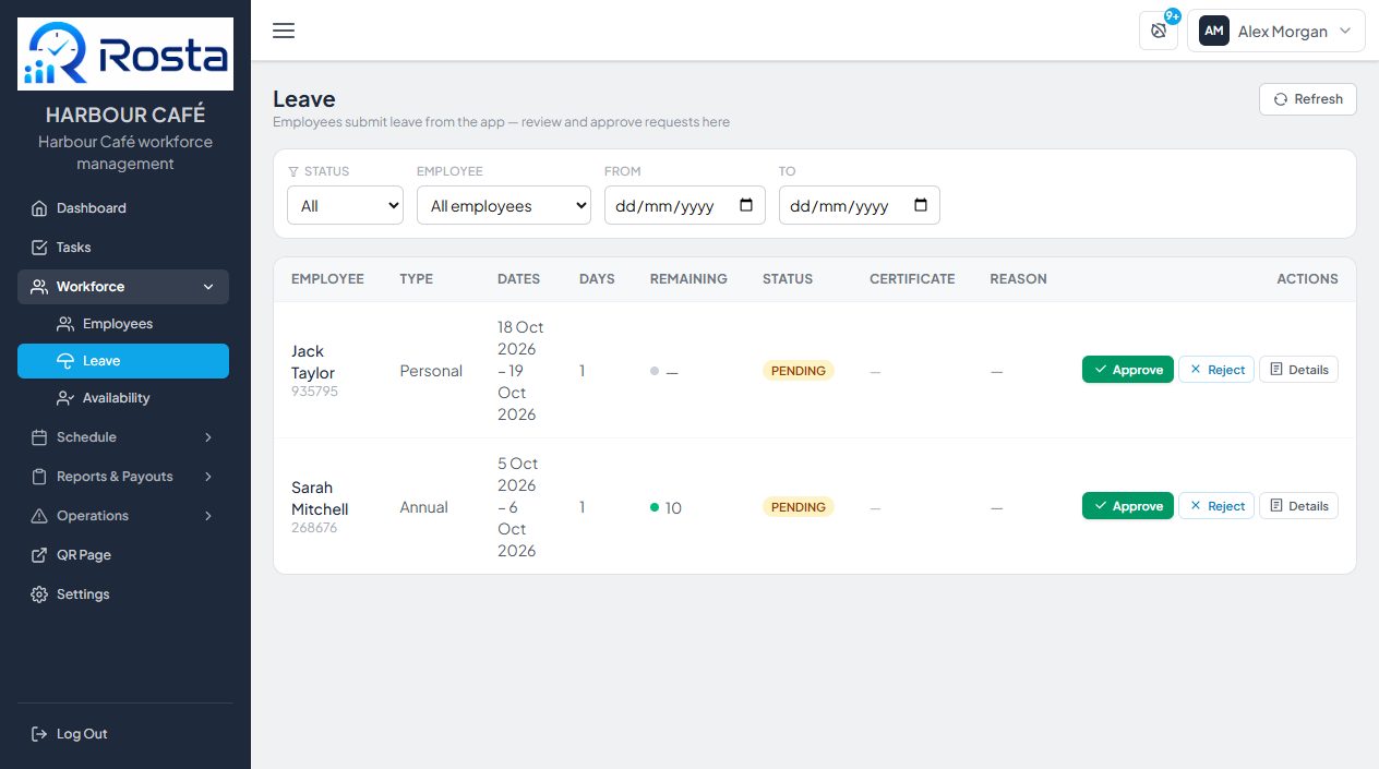 Leave requests with Approve, Reject and Details
