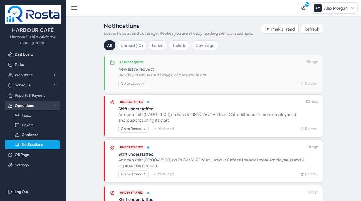 Notifications with leave and understaffed alerts