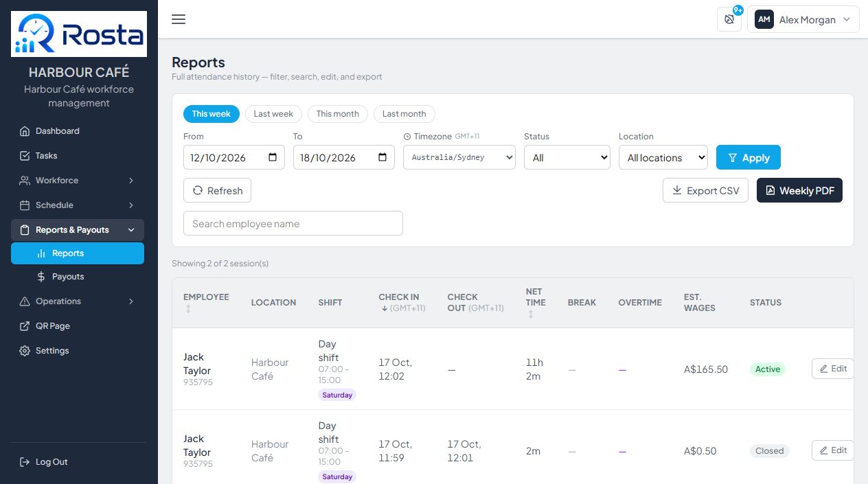 Reports page with filters, exports and sessions