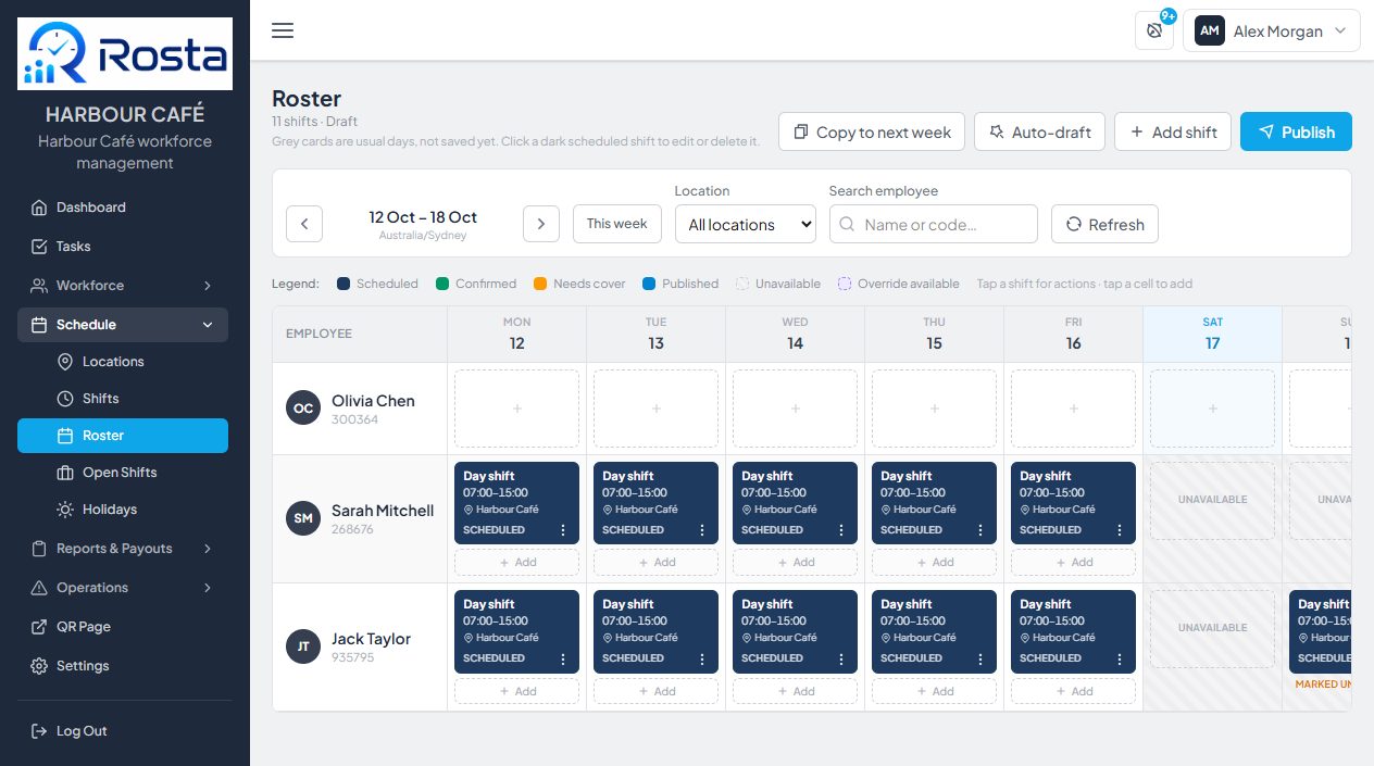 Weekly roster grid with employees in rows and days in columns