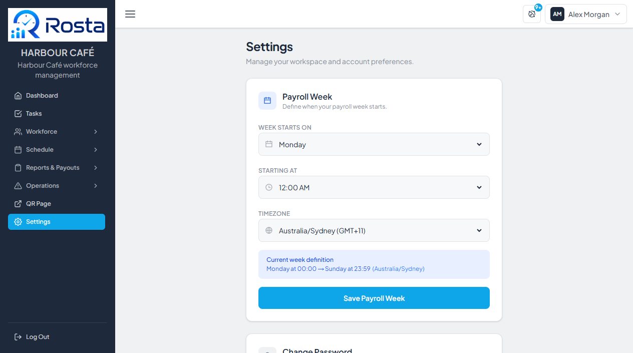 Settings with payroll week and change password